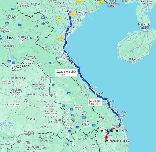 Khoảng cách từ Hà Nội đến Pleiku