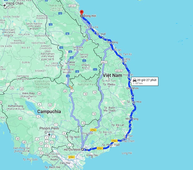 khoảng cách từ TpHCM đến Đồng Hới