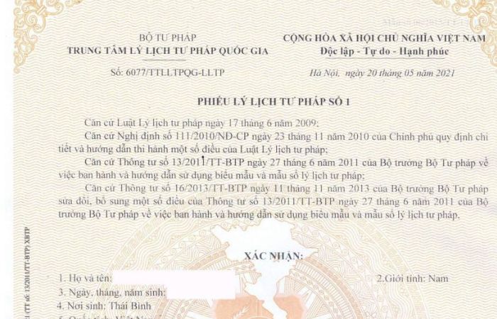 Phiếu l&yacute; lịch tư ph&aacute;p số 1