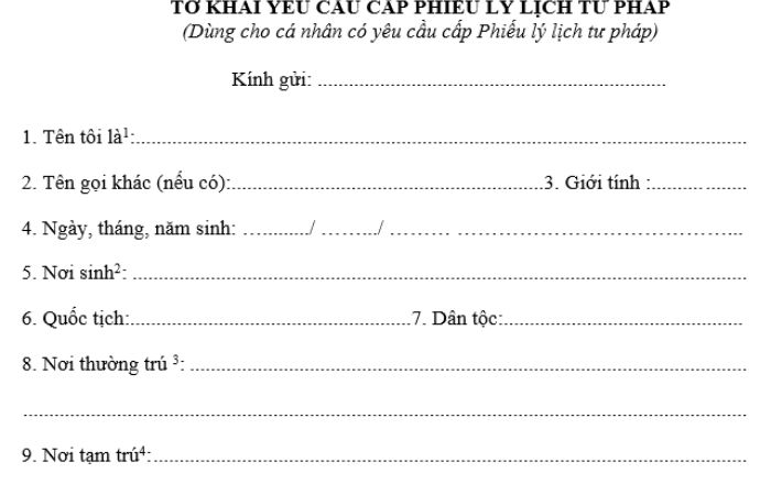 mẫu tờ khai yêu cầu cấp phiếu lý lịch tư pháp