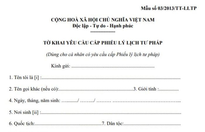 Điền tờ khai yêu cầu cấp lý lịch tư pháp (mẫu số 03/2013/tt-lltp)