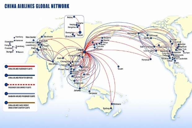 Bản đồ n&agrave;y m&ocirc; tả mạng lưới đường bay to&agrave;n cầu của h&atilde;ng h&agrave;ng kh&ocirc;ng China Airlines