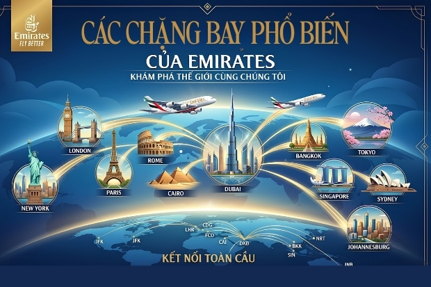 một mạng lưới kết nối ho&agrave;n hảo giữa phương Đ&ocirc;ng v&agrave; phương T&acirc;y  khi h&agrave;nh kh&aacute;ch lựa chọn v&eacute; m&aacute;y bay Emirates