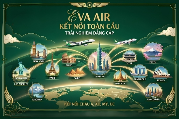 v&eacute; m&aacute;y bay EVA Air với mạng lưới đường bay của h&atilde;ng được thiết kế khoa học