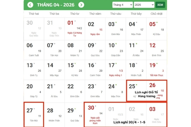 Lịch nghỉ lễ 30/4 v&agrave; 1/5 năm 2026