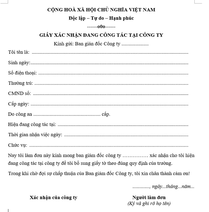 Mẫu tờ khai chứng nhận công việc 
