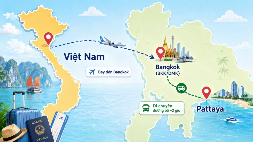 h&agrave;nh tr&igrave;nh bay đến Pattaya qua Bangkok