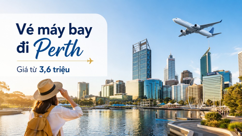 V&eacute; m&aacute;y bay đi Perth gi&aacute; từ 3,6 triệu đồng với h&igrave;nh ảnh m&aacute;y bay v&agrave; th&agrave;nh phố Perth