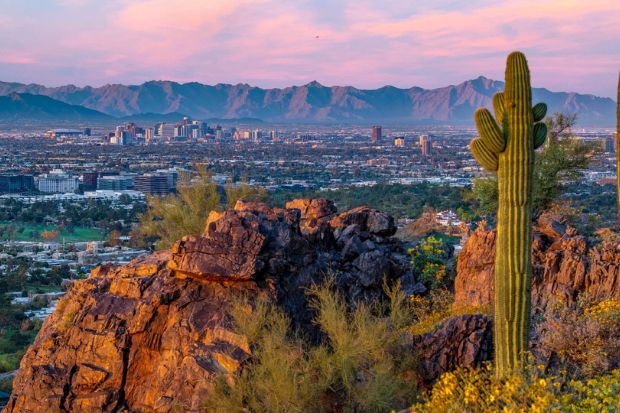 Phoenix lúc hoàng hôn nổi bật giữa địa hình đá và những cây xương rồng saguaro đặc trưng Arizona Phoenix lúc hoàng hôn nổi bật giữa địa hình đá và những cây xương rồng saguaro đặc trưng Arizona