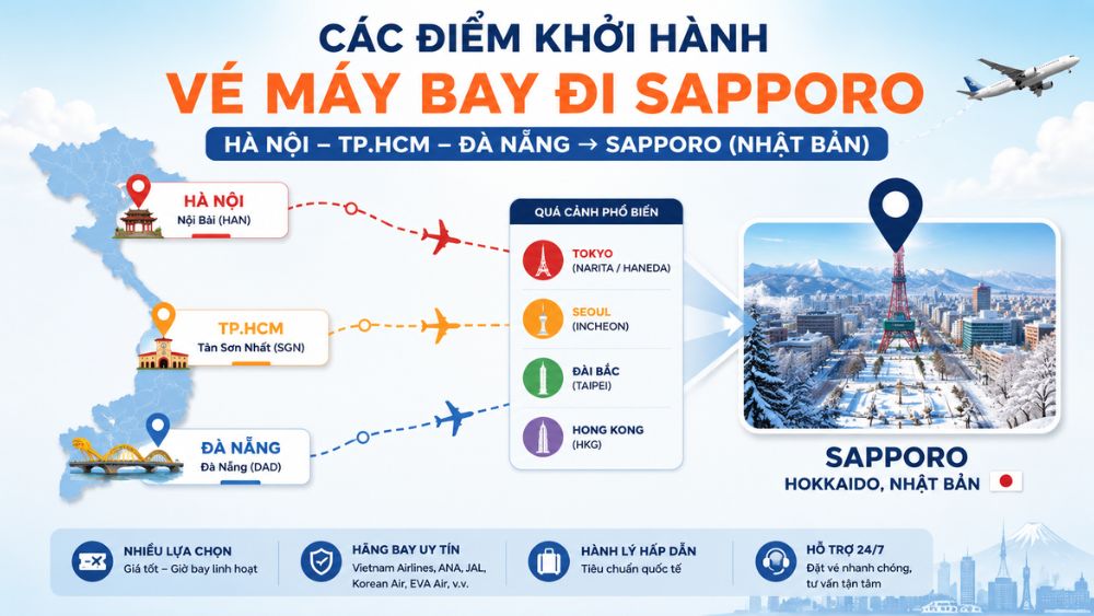 C&aacute;c điểm khởi h&agrave;nh v&eacute; m&aacute;y bay đi Sapporo từ Việt Nam