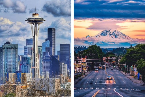 Seattle nổi bật với th&aacute;p Space Needle biểu tượng v&agrave; n&uacute;i Rainier h&ugrave;ng vĩ giữa khung cảnh th&agrave;nh phố hiện đại