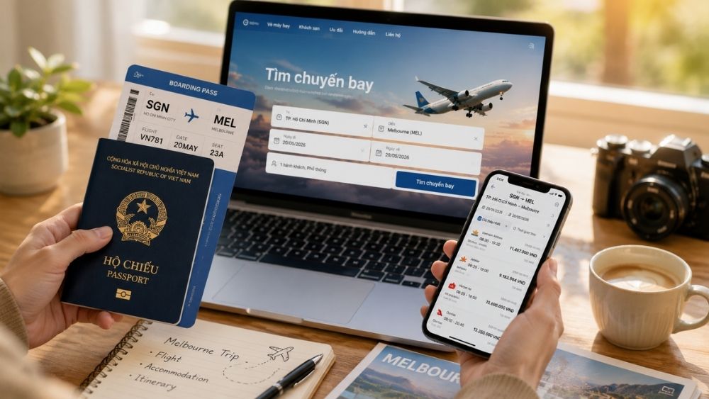 Người d&ugrave;ng t&igrave;m v&eacute; m&aacute;y bay từ Hồ Ch&iacute; Minh đi Melbourne tr&ecirc;n laptop, cầm hộ chiếu v&agrave; boarding pass để chuẩn bị cho h&agrave;nh tr&igrave;nh