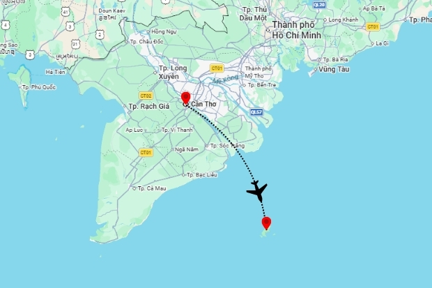 Lộ tr&igrave;nh chuyến bay từ th&agrave;nh phố Cần Thơ đến C&ocirc;n Đảo chỉ mất gần 1 giờ bay