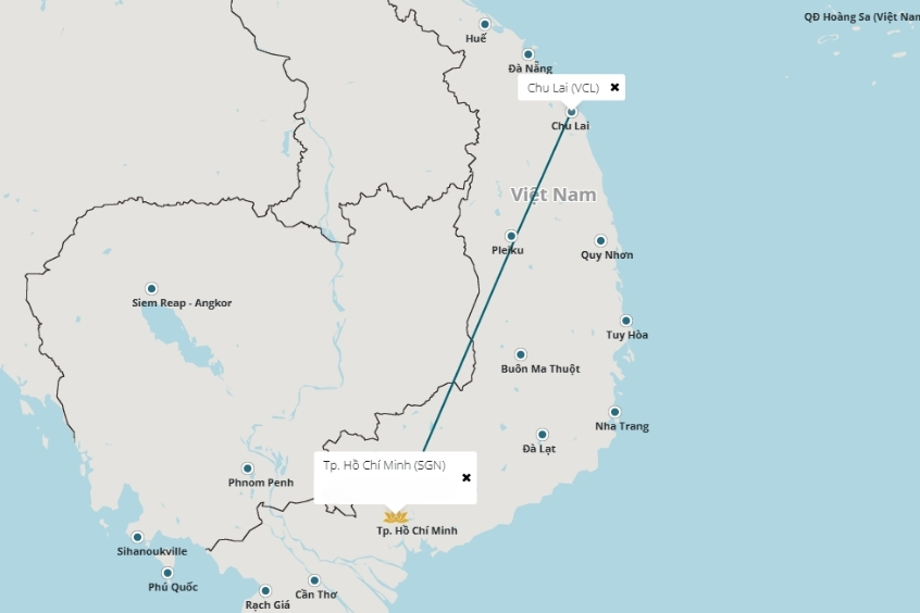 H&agrave;nh tr&igrave;nh từ s&acirc;n bay Chu Lai (VCL) đến T&acirc;n Sơn Nhất (SGN) mất khoảng 1 giờ 20&ndash;30 ph&uacute;t