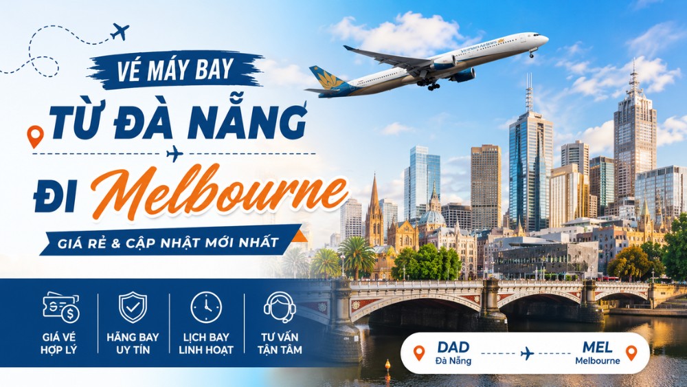 H&igrave;nh minh họa v&eacute; m&aacute;y bay từ Đ&agrave; Nẵng đi Melbourne với m&aacute;y bay v&agrave; th&agrave;nh phố Melbourne, &Uacute;c.
