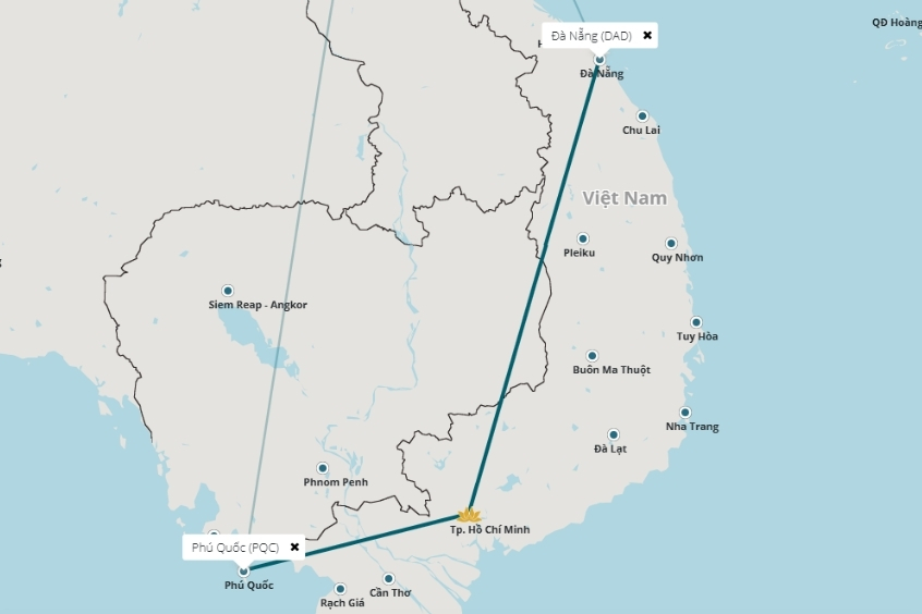 Bản đồ chặng bay từ Đ&agrave; Nẵng đi Ph&uacute; Quốc