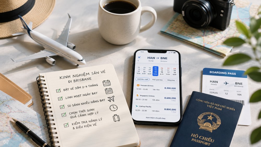 Kinh nghiệm săn v&eacute; m&aacute;y bay đi Brisbane bằng c&aacute;ch đặt sớm, linh hoạt ng&agrave;y bay v&agrave; so s&aacute;nh gi&aacute; v&eacute;