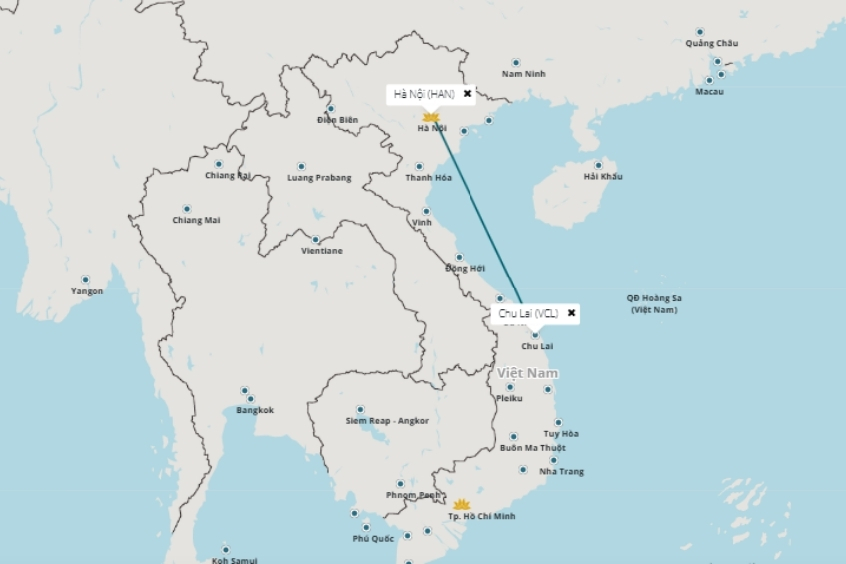 Tuyến đường bay thẳng nối giữa H&agrave; Nội (HAN) v&agrave; Chu Lai (VCL)