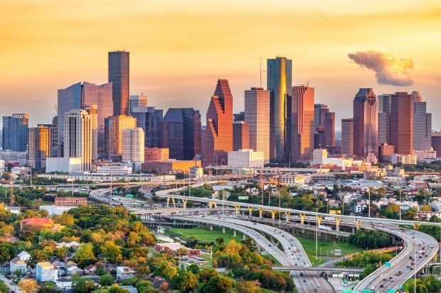 To&agrave;n cảnh trung t&acirc;m Houston, Texas v&agrave;o l&uacute;c ho&agrave;ng h&ocirc;n
