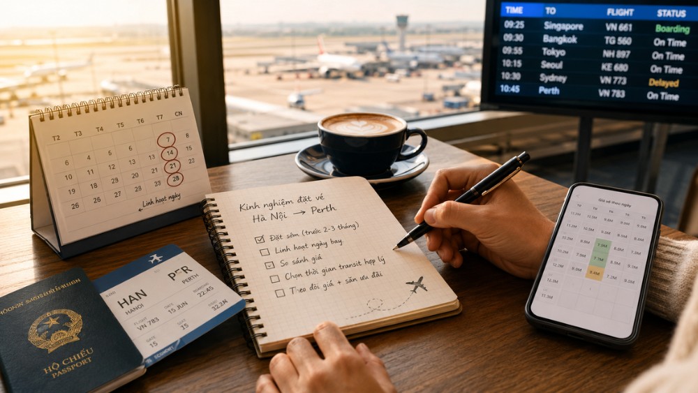 H&agrave;nh kh&aacute;ch l&ecirc;n kế hoạch đặt v&eacute; H&agrave; Nội đi Perth với lịch bay, hộ chiếu v&agrave; bảng so s&aacute;nh gi&aacute;