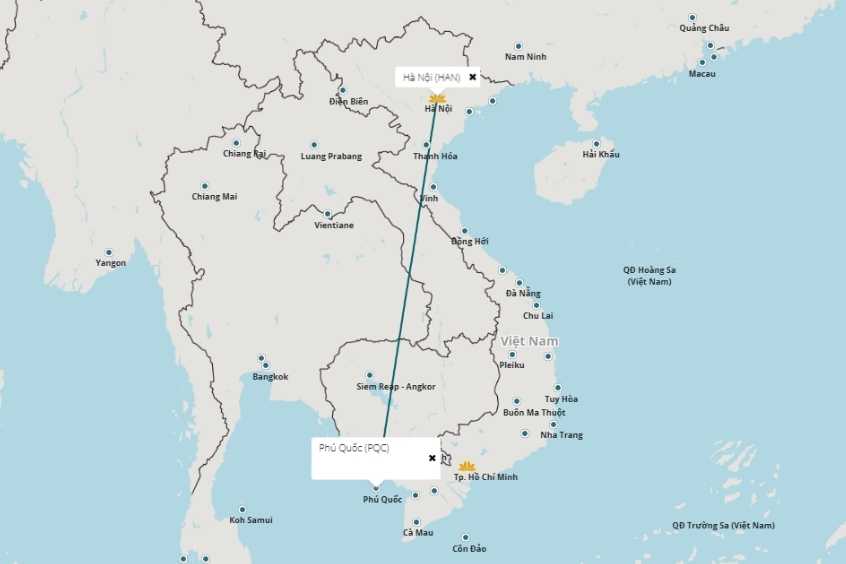Tuyến&nbsp;bay nối&nbsp;liền&nbsp;từ&nbsp;H&agrave;&nbsp;Nội&nbsp;đi Ph&uacute;&nbsp;Quốc&nbsp;mất khoảng 2 giờ&nbsp;bay