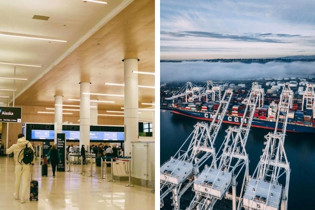 S&acirc;n bay Quốc tế Seattle-Tacoma v&agrave; Cảng Seattle l&agrave; hai cửa ng&otilde; giao th&ocirc;ng quan trọng, kết nối Seattle với ch&acirc;u &Aacute;, Alaska v&agrave; nhiều điểm đến quốc tế
