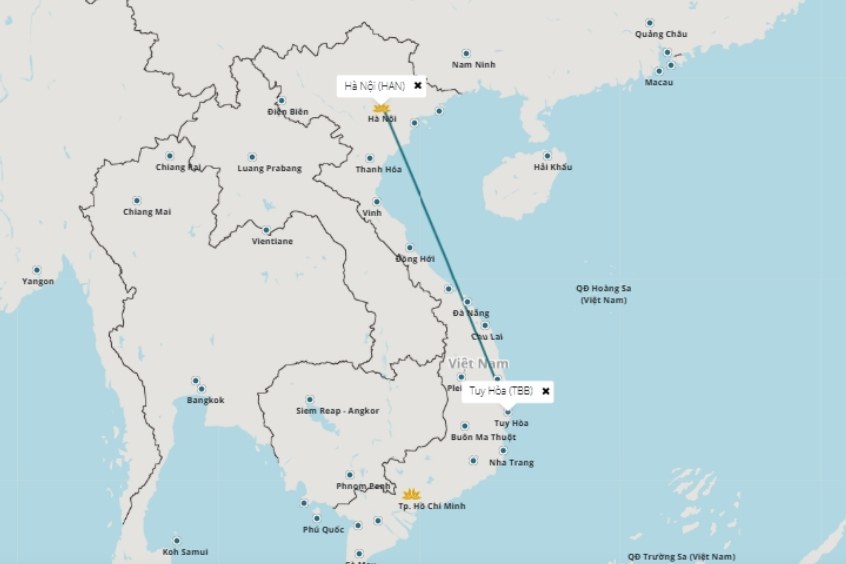 Tuyến bay thẳng HAN &ndash; TBB r&uacute;t ngắn khoảng c&aacute;ch địa l&yacute; hơn 1.000 km giữa H&agrave; Nội v&agrave; Tuy H&ograve;a
