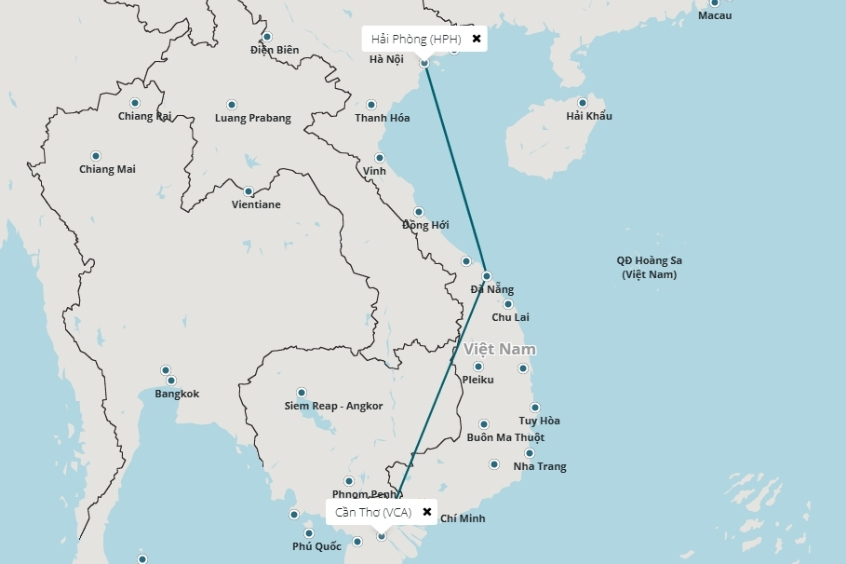 H&agrave;nh tr&igrave;nh bay từ Hải Ph&ograve;ng đến Cần Thơ
