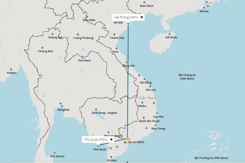 Thời gian bay từ Ph&uacute; Quốc đi Hải Ph&ograve;ng khoảng 2 giờ 05 ph&uacute;t