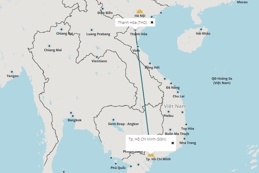 Bản đồ chuyến bay Thanh H&oacute;a đi&nbsp;TP. Hồ Ch&iacute; Minh