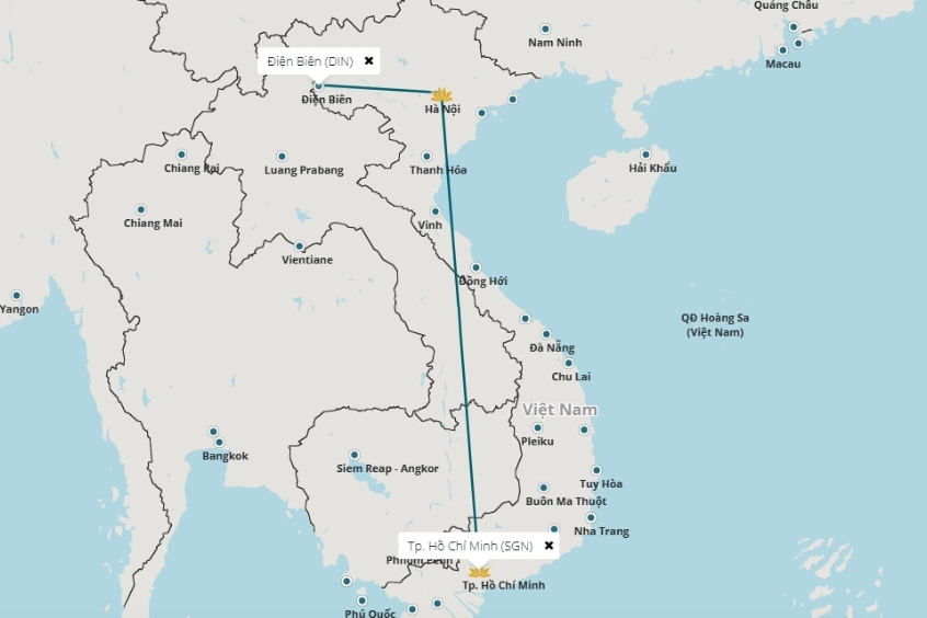 Bản đồ h&agrave;nh tr&igrave;nh bay từ TP. Hồ Ch&iacute; Minh đi Điện Bi&ecirc;n