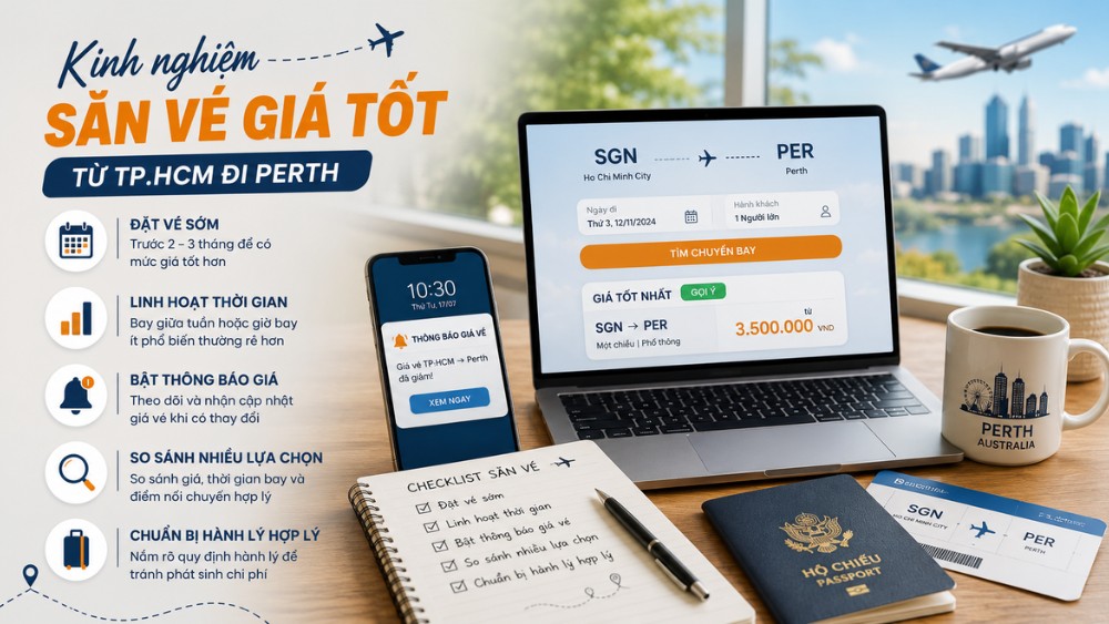 Kinh nghiệm săn v&eacute; m&aacute;y bay từ TP.HCM đi Perth với laptop tra cứu chuyến bay, th&ocirc;ng b&aacute;o gi&aacute; v&agrave; checklist h&agrave;nh l&yacute;