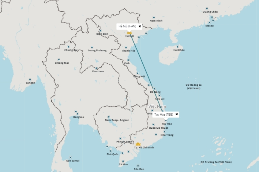 Tuyến đường bay thẳng kết nối từ th&agrave;nh phố biến Tuy H&ograve;a với thủ đ&ocirc; H&agrave; Nội chỉ mất 1 giờ bay