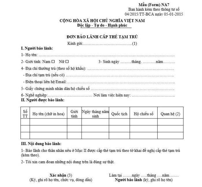 Mẫu đơn bảo l&atilde;nh cấp thẻ tạm tr&uacute; NA7 