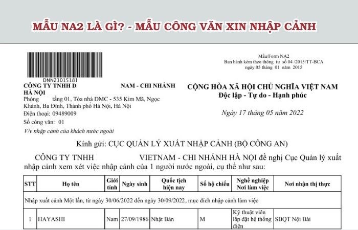 Mẫu NA2 là gì? - Mẫu công văn xin nhập cảnh Việt Nam