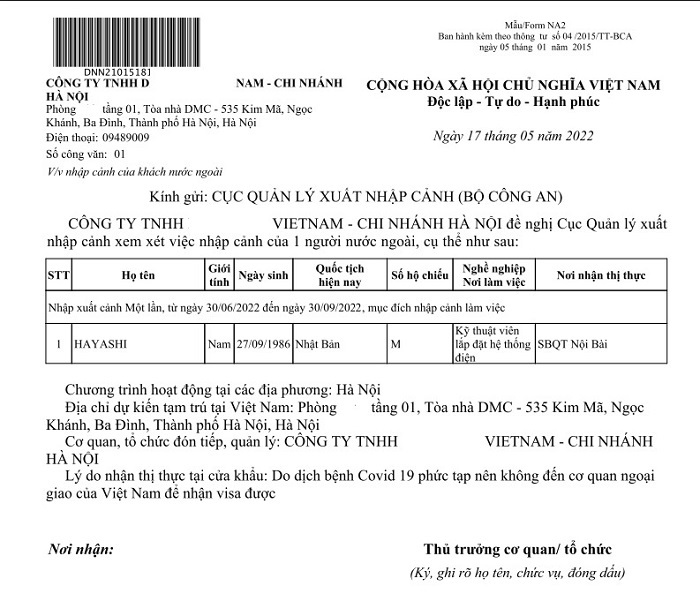 Mẫu NA2 - c&ocirc;ng văn xin nhập cảnh Việt Nam