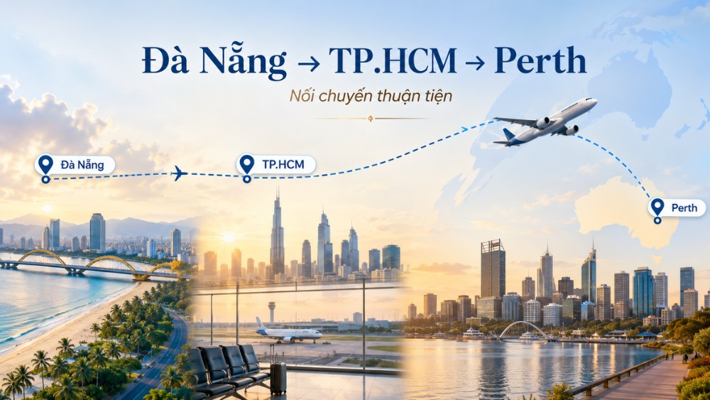 H&agrave;nh tr&igrave;nh bay nối chuyến từ Đ&agrave; Nẵng qua TP.HCM rồi đi Perth với minh họa lộ tr&igrave;nh v&agrave; c&aacute;c điểm dừng ch&iacute;nh