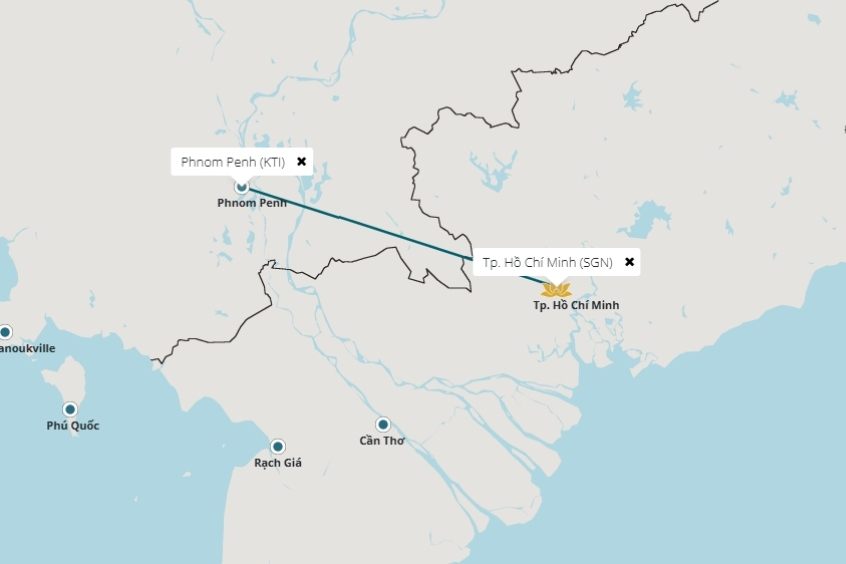 Chặng bay từ Phnom Penh đi TP. Hồ Ch&iacute; Minh l&agrave; 1 giờ 50 ph&uacute;t