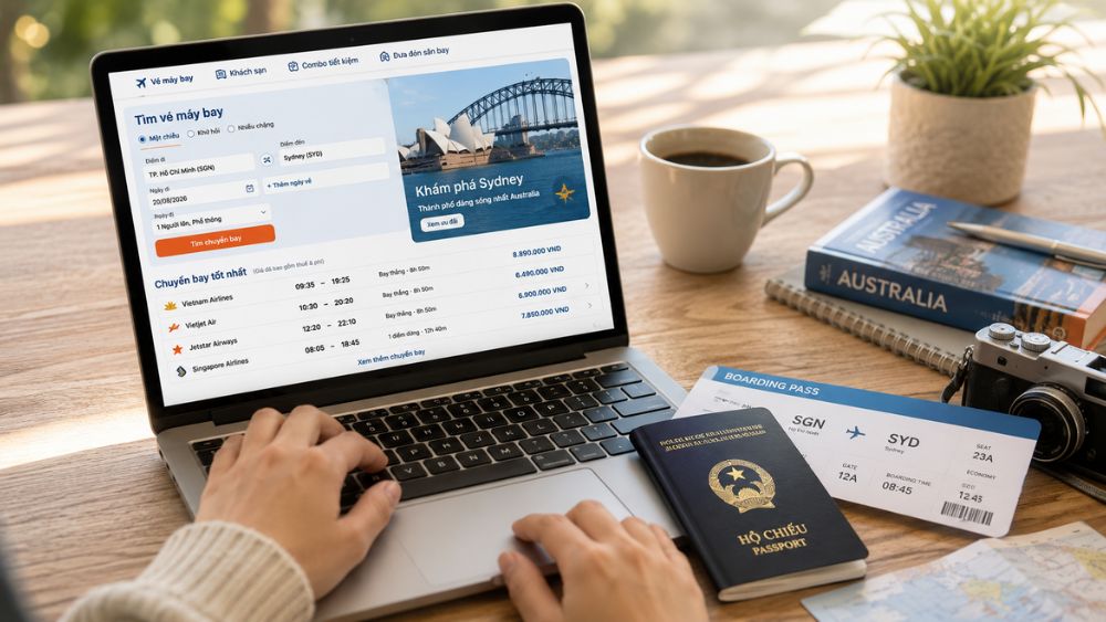 H&agrave;nh kh&aacute;ch tra cứu gi&aacute; v&eacute; m&aacute;y bay đi Sydney tr&ecirc;n laptop c&ugrave;ng hộ chiếu v&agrave; boarding pass
