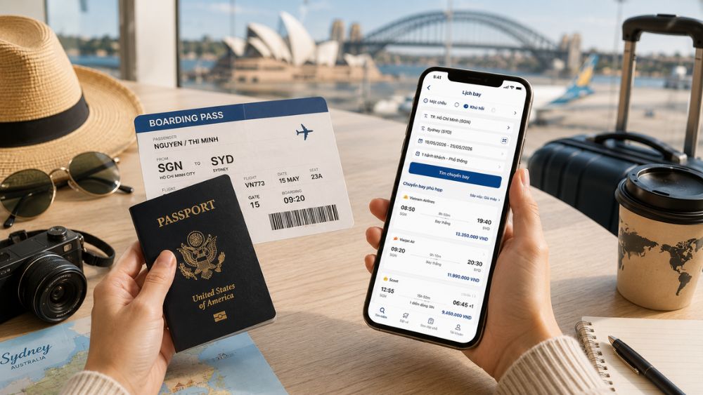 H&agrave;nh kh&aacute;ch cầm passport, boarding pass v&agrave; điện thoại hiển thị lịch bay đi Sydney