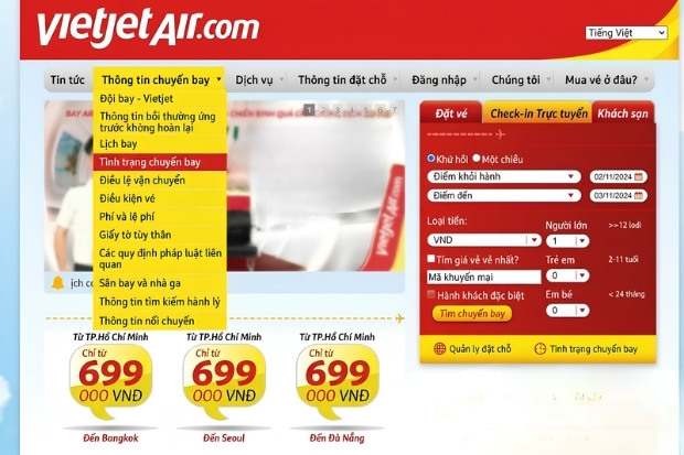 Tra cứu v&eacute; m&aacute;y bay Vietjet Air Bu&ocirc;n Ma Thuột đi H&agrave; Nội tại website của Vietjet Air
