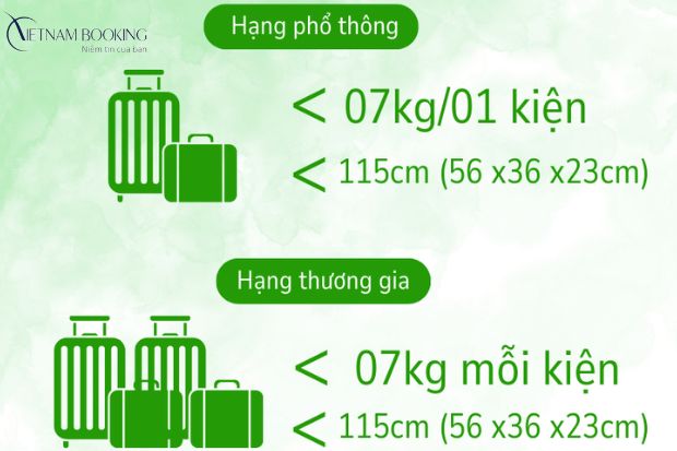 Quy định hành lý xách tay của hãng hàng không Bamboo Airways khác nhau ở số lượng kiện được miễn phí giữa hai hạng vé Thương gia và Phổ thông. Quy định hành lý của hãng hàng không Bamboo Airways