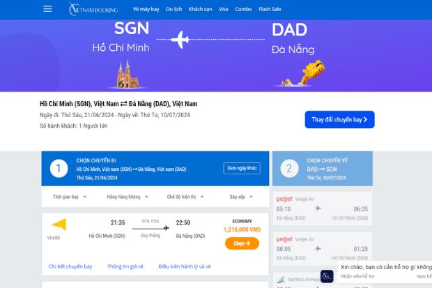 Giao diện đặt vé máy bay qua website