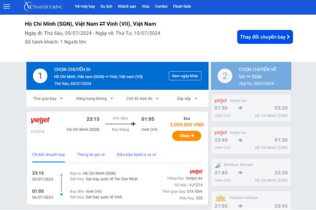 Hành trình bay đi Vinh sẽ được hệ thống hiển thị chi tiết cho người dùng có thể tham khảo. Lịch bay đi Vinh trên website