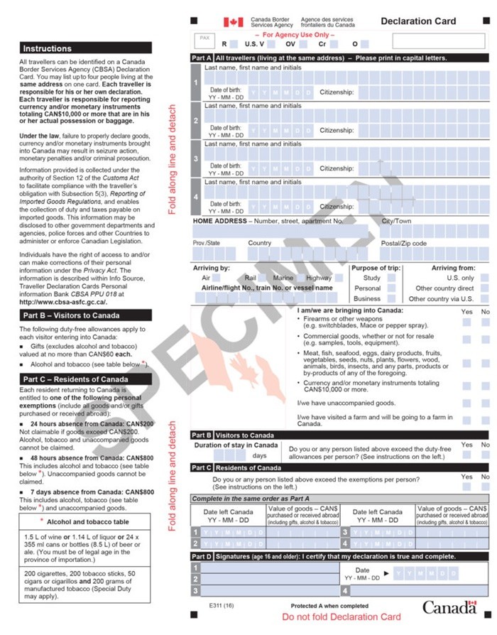 hướng dẫn điền tờ khai nhập cảnh Canada