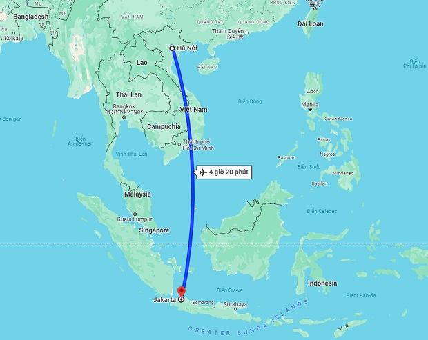 Thời gian bay từ H&agrave; Nội đến Jakarta