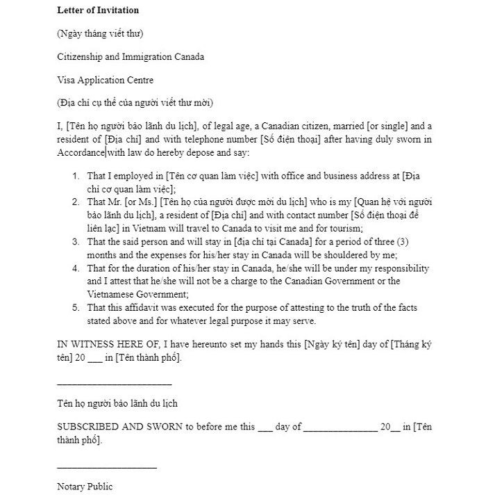 mẫu thư mời xin visa Canada
