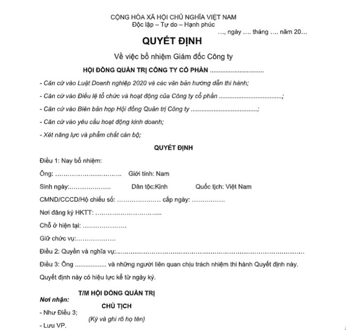 mẫu quyết định bổ nhiệm công ty cổ phần