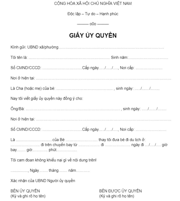Giấy ủy quyền cho trẻ em đi nước ngoài tiếng Việt