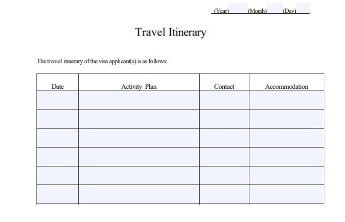 Mẫu lịch trình du lịch để xin visa